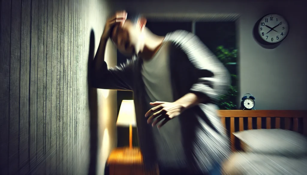 A sleep-deprived person experiencing dizziness, holding onto a wall for support in a dimly lit room. The scene conveys disorientation and exhaustion.