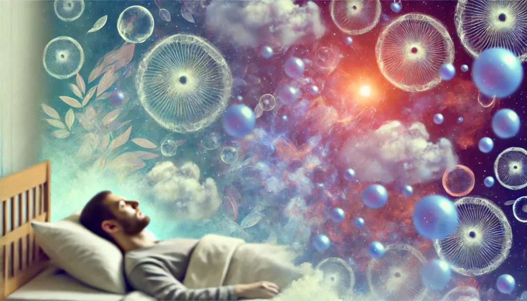 A surreal depiction of REM sleep featuring a peacefully sleeping person surrounded by floating abstract shapes and ethereal colors. The tranquil atmosphere symbolizes dreams and subconscious activity during this sleep stage.