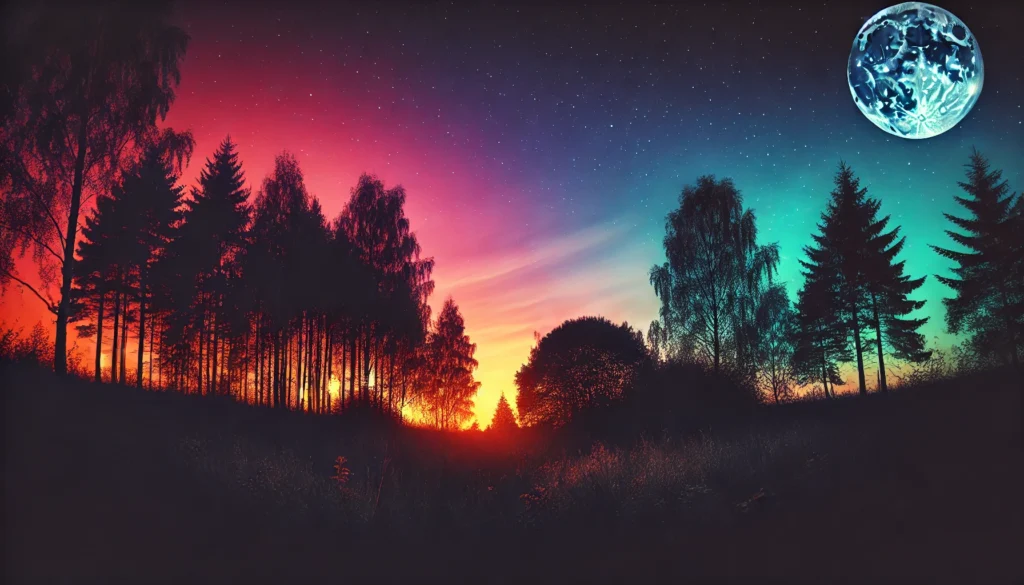 A tranquil outdoor scene at dusk, with a forest silhouetted against a vibrant, multicolored sky that transitions from warm orange and pink to deep blue and purple. The peaceful setting symbolizes the natural balance and transition of serotonin and melatonin during the shift from day to night, completely free of text or overlays.