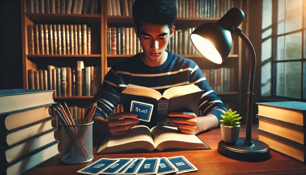 A quiet library setting with a student reading an open book and using flashcards. The background of bookshelves and a study lamp highlights focused learning methods to improve text comprehension.