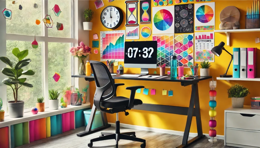 A vibrant workspace featuring a standing desk, an ergonomic chair, a colorful vision board, and a timer. The desk is organized with a water bottle and healthy snacks, illuminated by natural light, supporting extended focus.