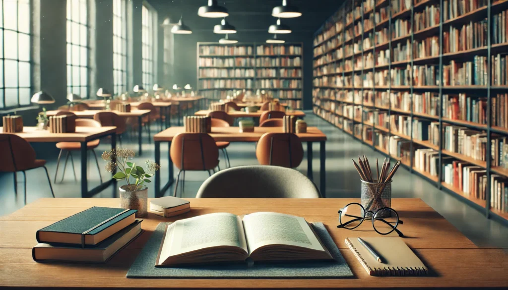 A serene library environment featuring a table with an open book, a notebook, and a pair of glasses. Surrounding the table are shelves filled with books, creating a productive atmosphere for academic success.