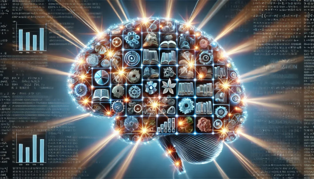 A conceptual image of a brain with multiple glowing compartments, each representing different exam subjects. The compartments light up dynamically, illustrating the power of organized memorization techniques.