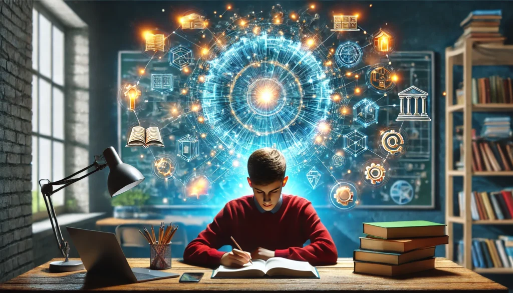 A student sitting at a desk with a glowing memory palace forming around them, symbolizing advanced memorization strategies. Floating elements of knowledge represent well-structured exam preparation.