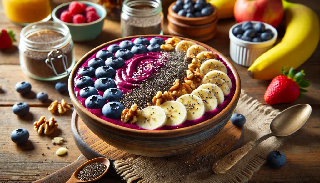 A colorful smoothie bowl of vibrant purple acai topped with bananas, blueberries, chia seeds, and crushed walnuts, surrounded by fresh ingredients in a sunny kitchen setting