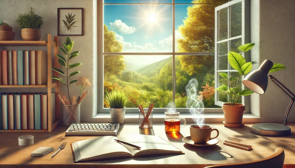 A minimalistic workspace illuminated by natural daylight, featuring an open journal, a steaming cup of herbal tea, and a small potted plant. The desk is positioned near a large window overlooking a vibrant outdoor scene with green trees and a clear blue sky, promoting natural energy remedies and alertness during the day.