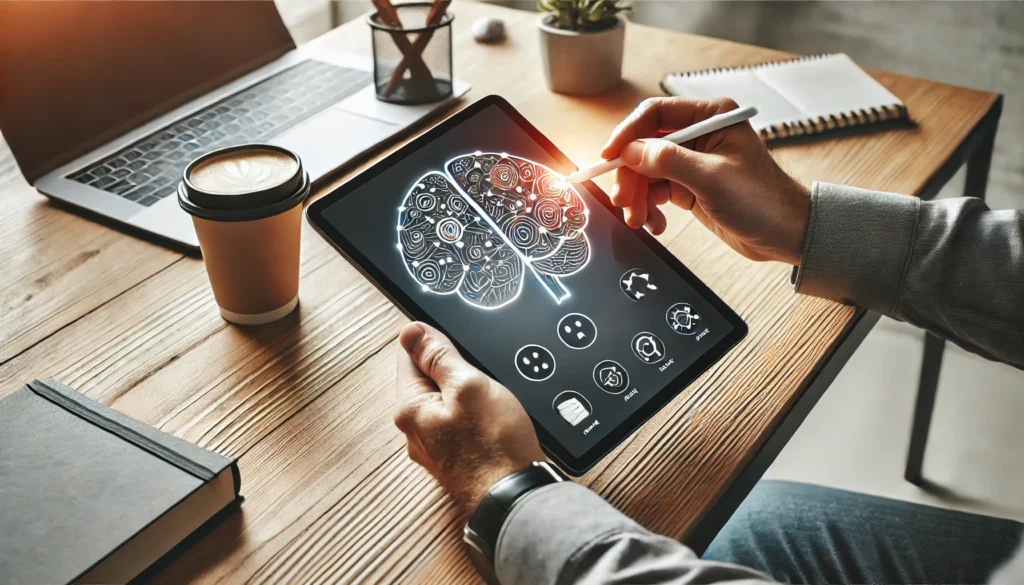 A person using a brain-training app on a tablet in a modern and relaxed workspace, symbolizing the use of technology for cognitive skills training.