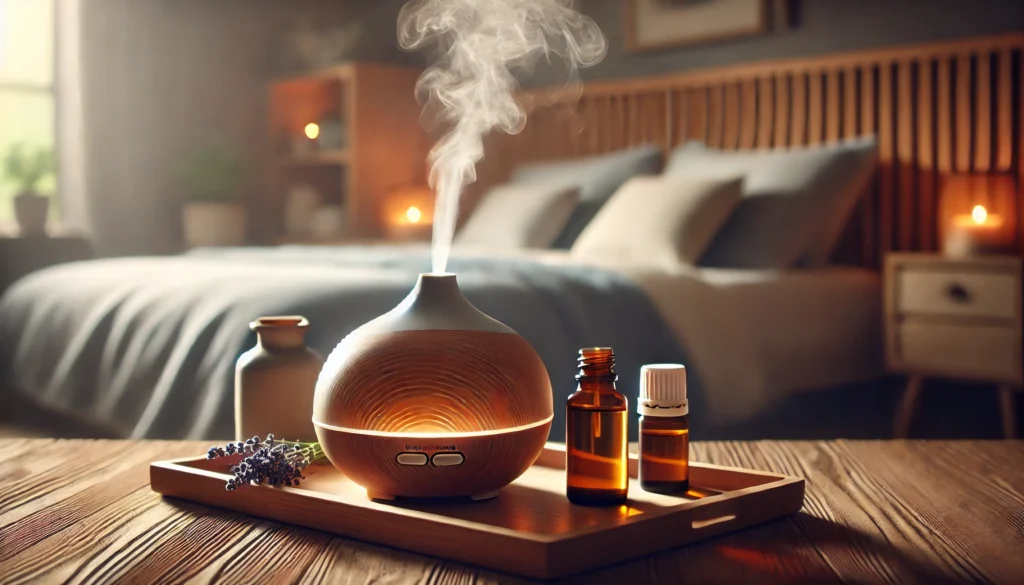 A close-up of a diffuser emitting a calming mist, surrounded by lavender and bergamot essential oil bottles on a wooden tray. The softly lit bedroom background, with a glimpse of a cozy bed, creates a serene ambiance, ideal for promoting relaxation and restful sleep.