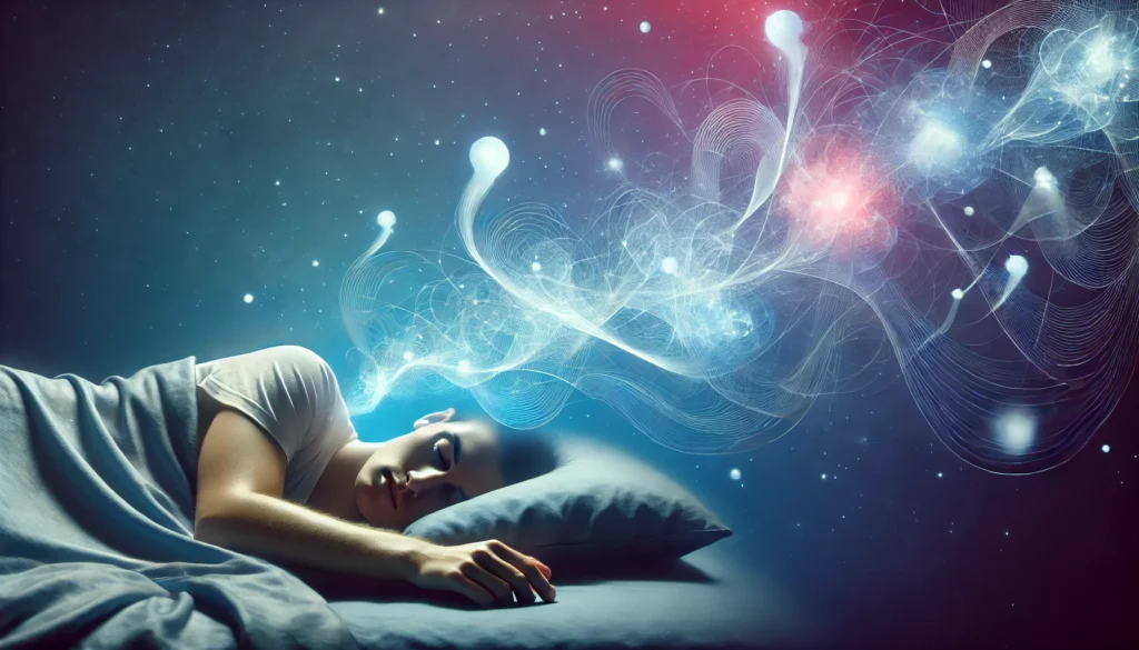 A serene illustration of a person peacefully sleeping, with glowing abstract shapes floating above them, symbolizing dreams and subconscious processes. The calming blue and purple tones create an ethereal, dreamlike atmosphere, free of text.