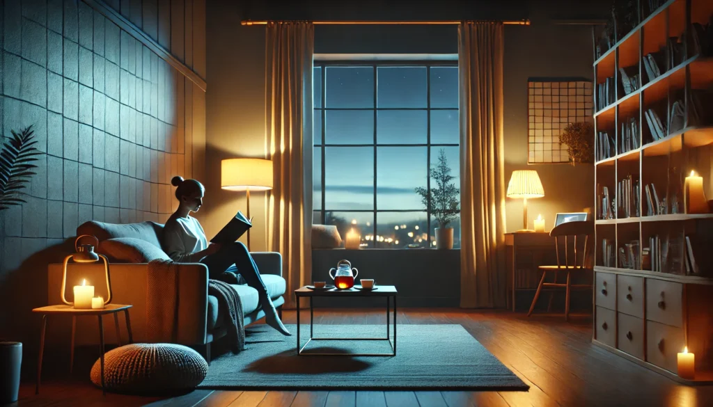 A warmly lit modern living room in the evening, featuring a person relaxing on a couch with a book and tea, highlighting the importance of reducing blue light exposure before sleep for improved quality rest.