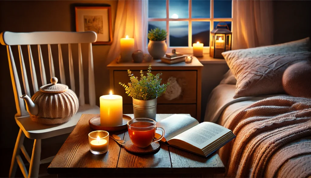 A serene evening scene featuring a cup of herbal tea, a lit candle, and an open book resting on a wooden bedside table. Warm lighting fills the room, complemented by a cozy blanket draped over a chair. A window showcases a peaceful twilight sky, creating a calming pre-sleep atmosphere.