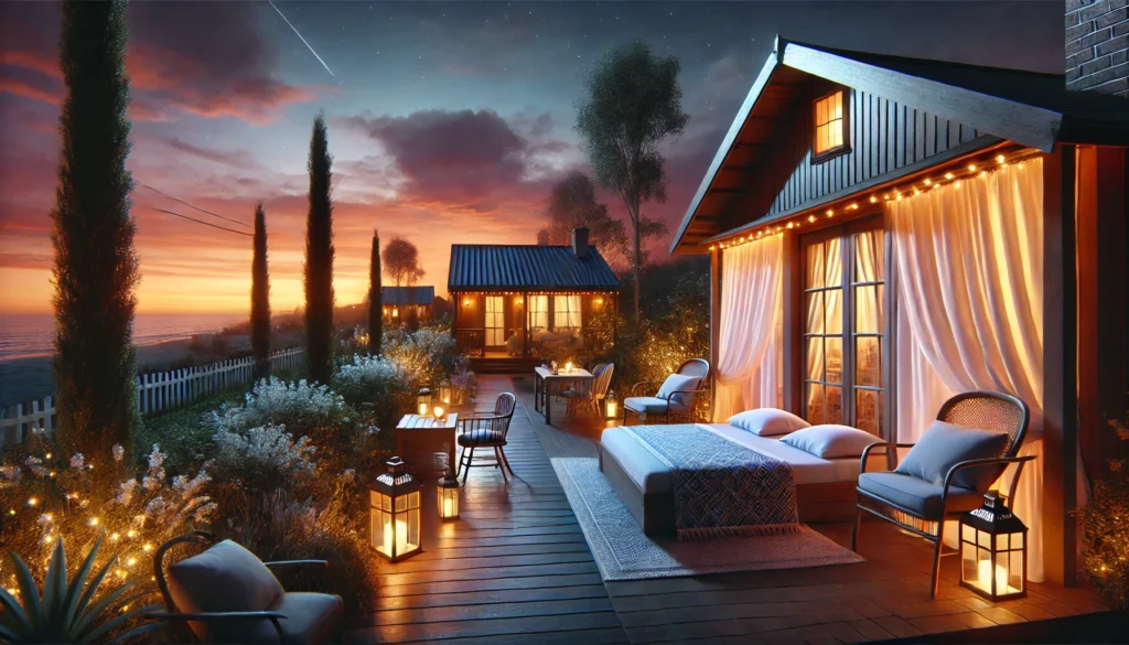 A serene outdoor evening scene with a glowing sunset sky, a cozy house with lights on, and curtains drawn, symbolizing quiet preparation for an early 8 PM bedtime.