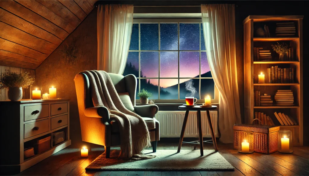 A cozy armchair near a window, draped with a soft blanket, accompanied by a steaming cup of tea on a small table. The scene is lit by warm ambient lighting with a view of a starry night sky, evoking a tranquil evening atmosphere.