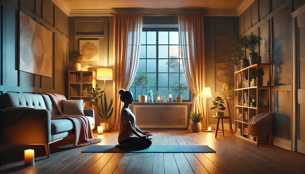 A peaceful living room at dusk with soft lighting, featuring a person in a seated meditation yoga pose on a mat. The room includes calming decor such as houseplants, a bookshelf, and drawn curtains, creating a tranquil ambiance for mindfulness and relaxation.