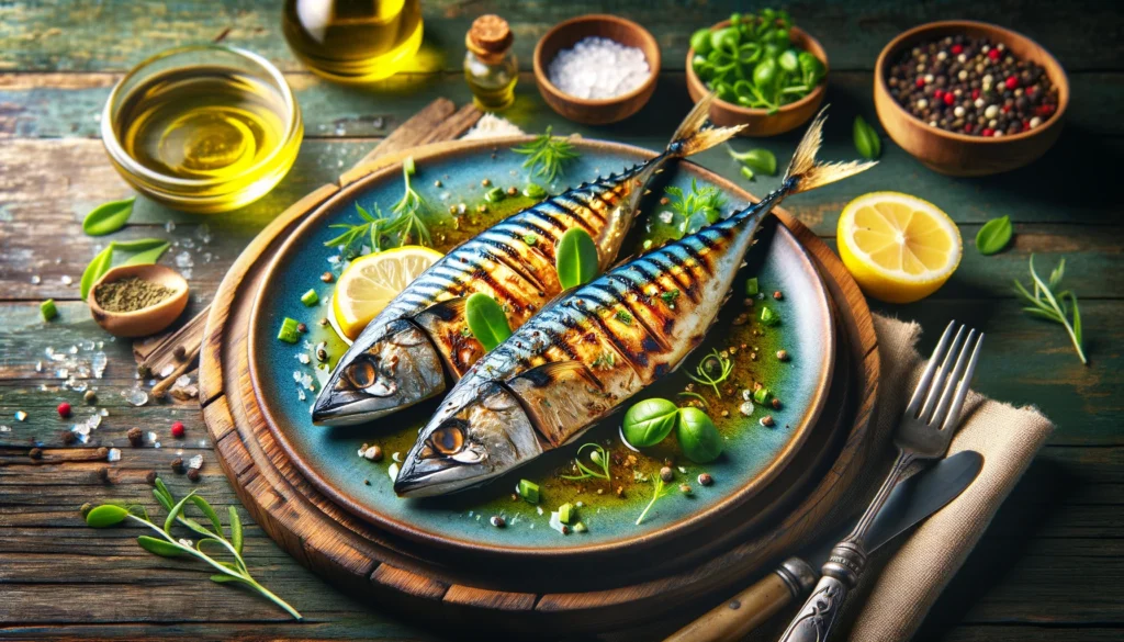 Freshly grilled mackerel with crispy skin, lemon wedges, and herbs, highlighting its brain-boosting nutritional qualities