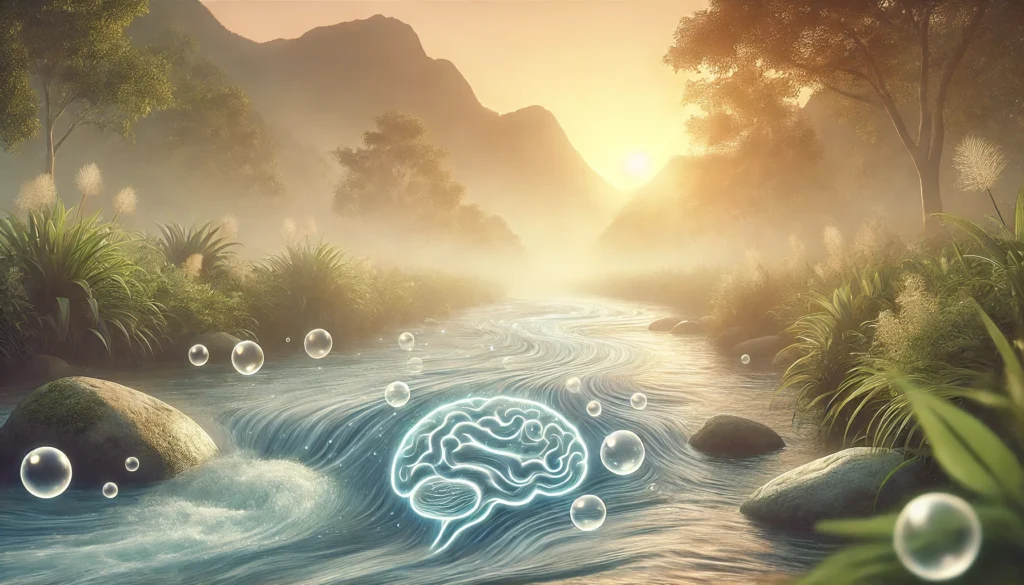 A serene image of a natural flowing river under a soft sunrise, representing the cleansing and restorative processes of the brain during sleep and its connection to nature's rhythms.