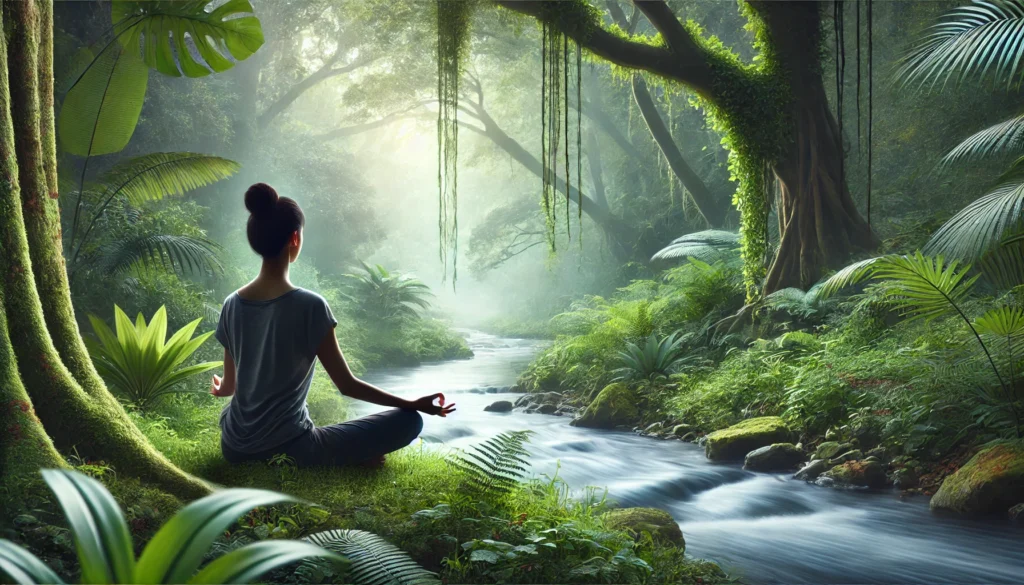 A person meditating beside a serene stream, surrounded by lush greenery, illustrating the power of mindfulness in enhancing mental focus