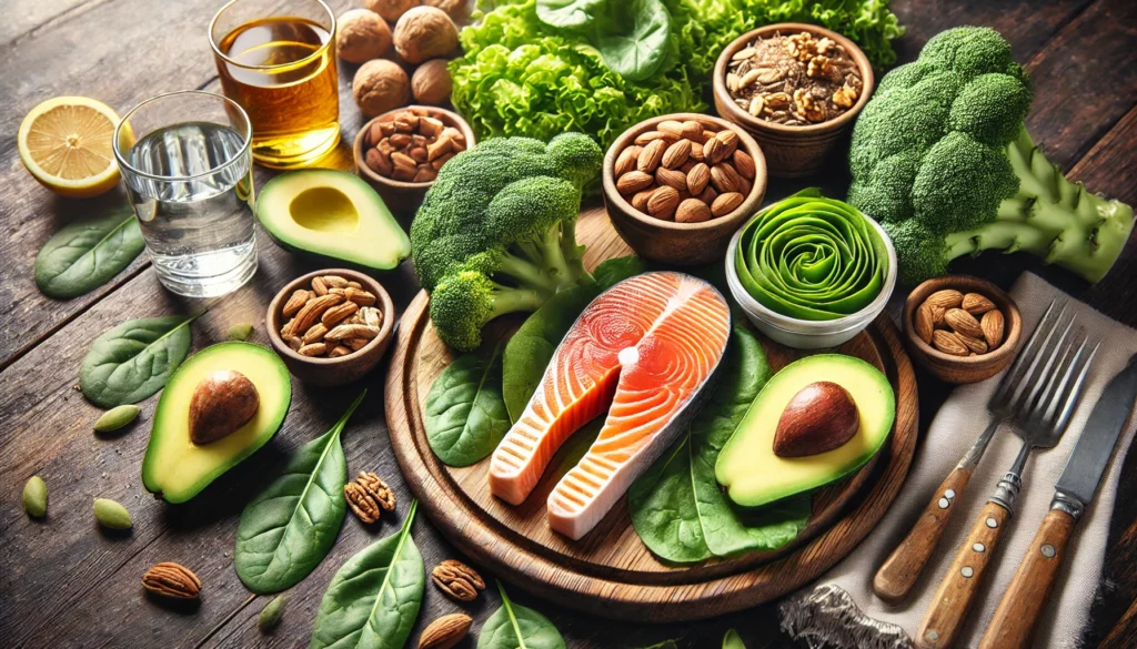 A nutritious meal with salmon, avocado, nuts, and leafy greens, highlighting the role of diet in supporting mental focus and cognitive function