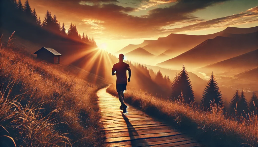 A person running on a scenic trail at sunrise, demonstrating how physical activity enhances mental focus and cognitive clarity.