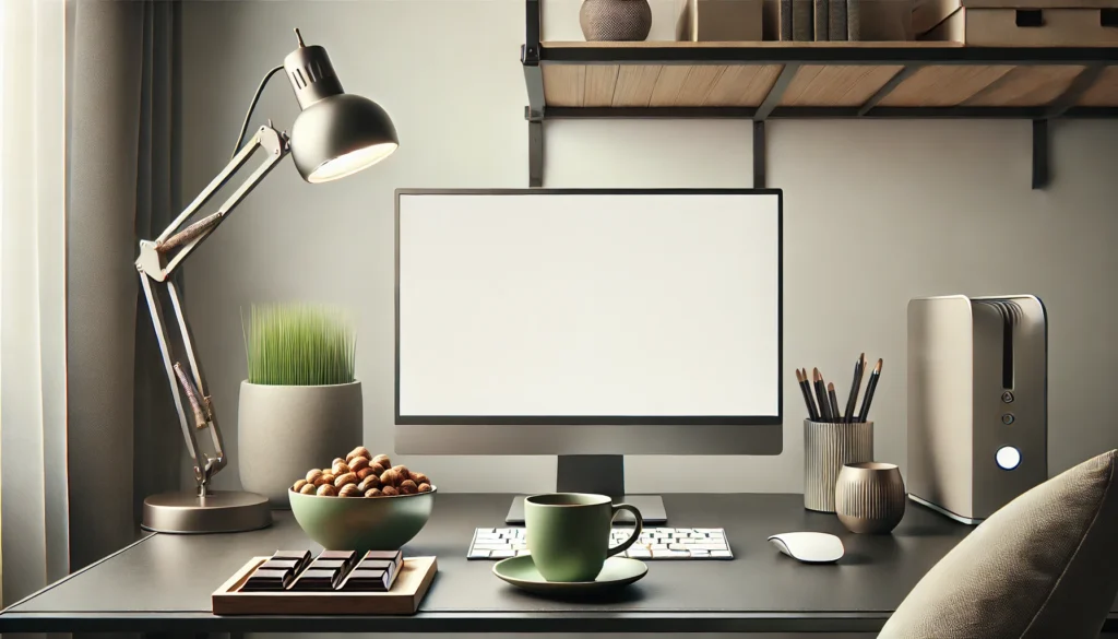 A modern workspace featuring a sleek desk setup with a cup of green tea, a small bowl of dark chocolate, and a handful of nuts. The minimalistic design and natural lighting highlight a calm and energy-boosting environment for improved focus and alertness.