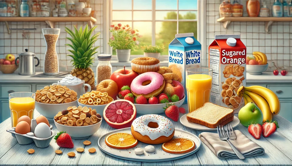 A brightly lit breakfast table featuring sugary donuts, white bread toast, sugary cereals, and processed orange juice, focusing on textures and natural lighting