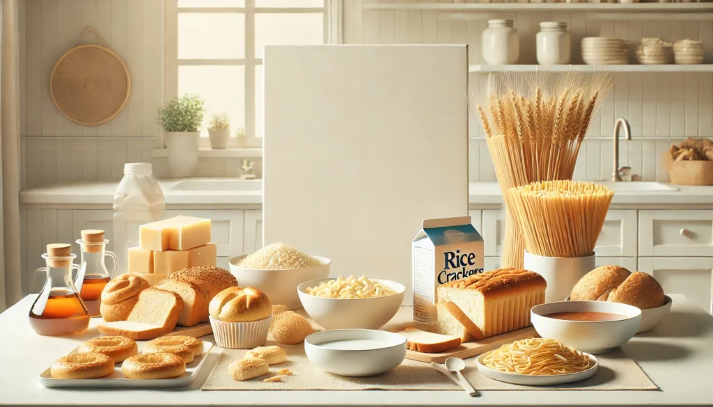 A minimalist table featuring white bread, pastries, pasta, and rice crackers, displayed in a softly lit kitchen setting with a clean, brand-free presentation