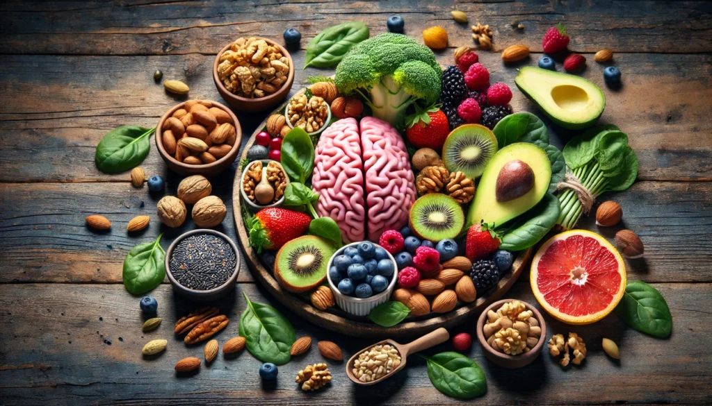 A vibrant assortment of natural whole foods, including fresh berries, leafy greens, nuts, and seeds, displayed on a rustic wooden surface to highlight brain-healthy dietary options.