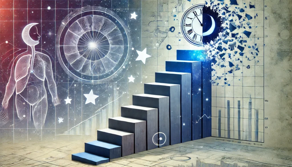 A conceptual depiction of disrupted sleep cycles due to only two hours of sleep, featuring a fragmented staircase symbolizing incomplete sleep stages. Abstract elements like a clock and fading stars emphasize the effects of insufficient rest.