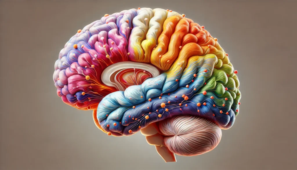 Cortisol and brain emotional regulation, showing prefrontal cortex and amygdala with neural activity affected by stress