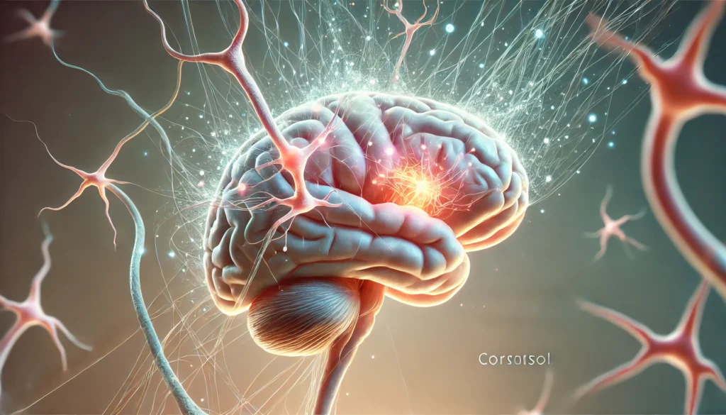 Cortisol and brain plasticity, depicting neurogenesis and hippocampus in human brain with synaptic growth affected by cortisol levels