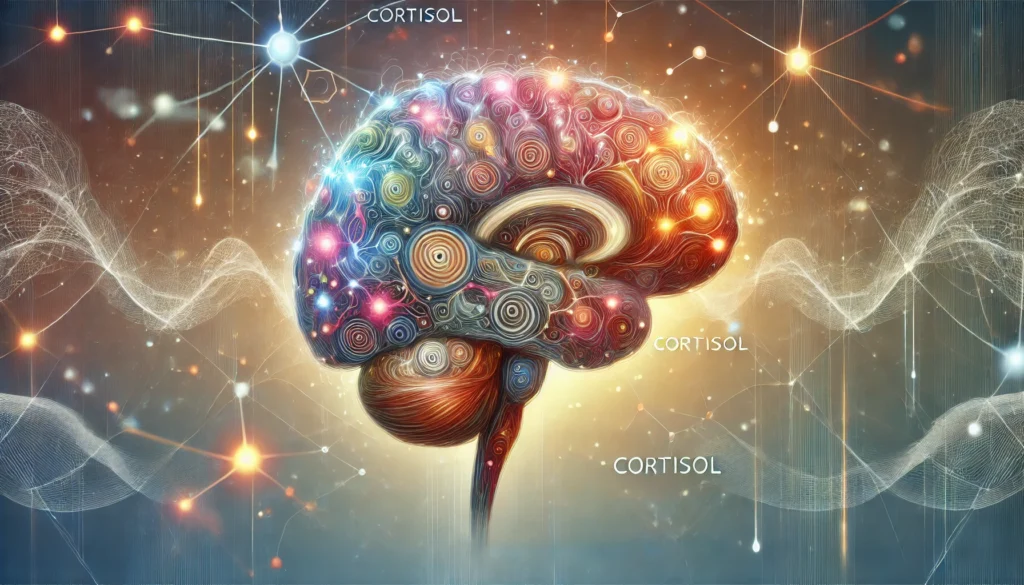 Cortisol and brain plasticity, depicting neurogenesis and hippocampus in human brain with synaptic growth affected by cortisol levels