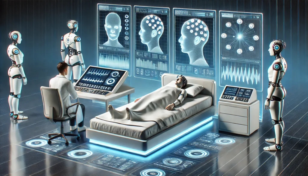 A high-tech sleep research lab with a person lying in a sensor-equipped bed while scientists analyze brain activity on sleek digital screens. The modern setting showcases advancements in sleep science and research.