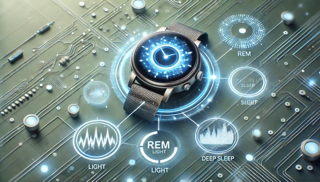 A futuristic depiction of sleep tracking technology featuring a smartwatch with glowing circular icons and abstract graphs representing sleep cycles. The image emphasizes REM, light, and deep sleep stages with no text, set against a background of glowing circuits and gradients.