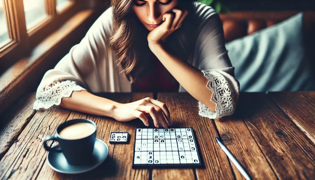 A person solving a Sudoku puzzle at a wooden table with coffee nearby, highlighting Sudoku as one of the best games for memory improvement and cognitive skills.