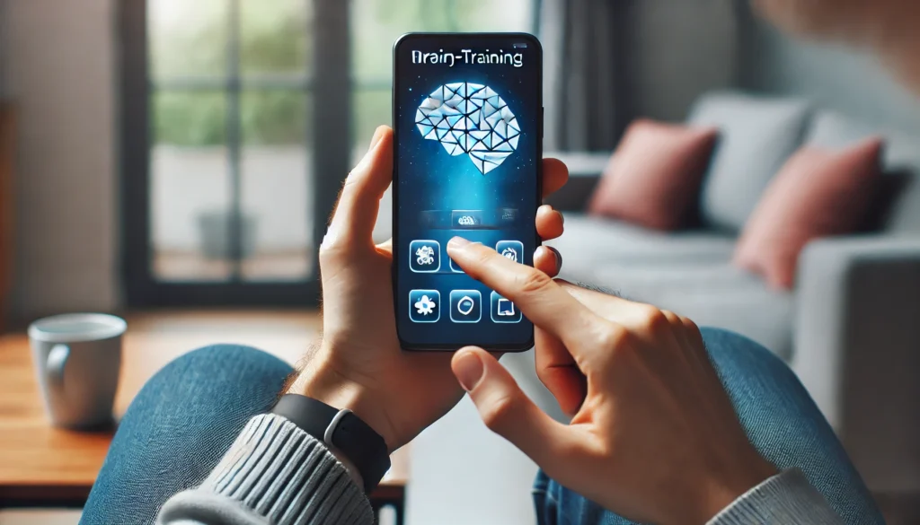 A person using a brain-training app on a smartphone in a modern home, demonstrating how digital brain games are among the best games for memory enhancement and mental agility