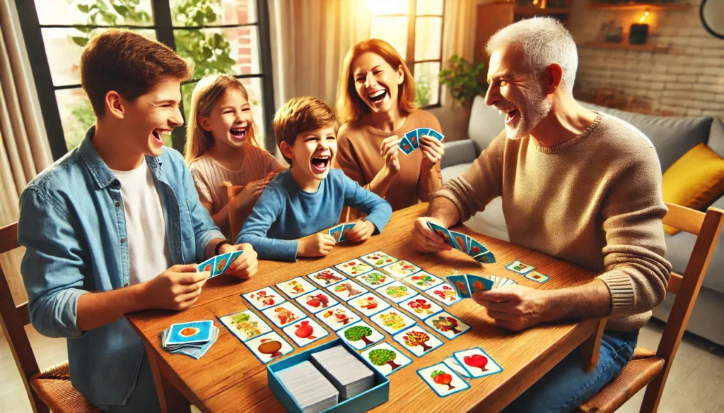 A family playing a memory card game at a wooden dining table, illustrating how memory card games are some of the best games for memory recall and family bonding