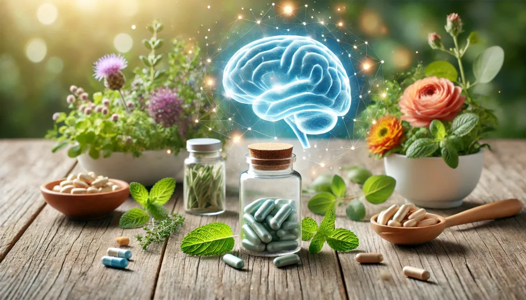 A serene scene featuring a supplement bottle on a wooden table surrounded by fresh herbs and capsules, with a glowing brain hologram in the background, representing brain health 