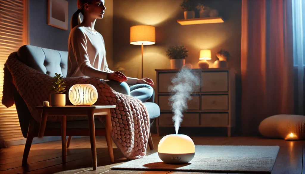 A peaceful living room scene with a person seated in a plush chair, eyes closed, practicing guided meditation. The room features soft lighting, a warm blanket, and an aromatherapy diffuser on a nearby table emitting a gentle mist, creating a calming and inviting environment.