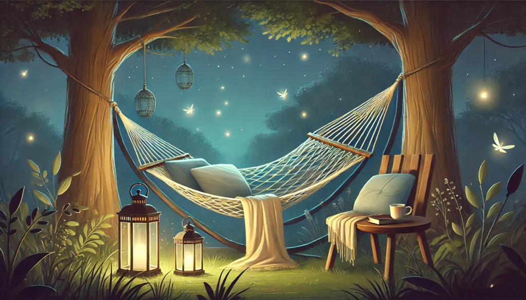 A tranquil evening scene with a hammock swaying between two trees, adorned with a soft blanket and pillow. A lantern provides warm light, and a side table with tea and a book complements the firefly-lit, serene atmosphere.