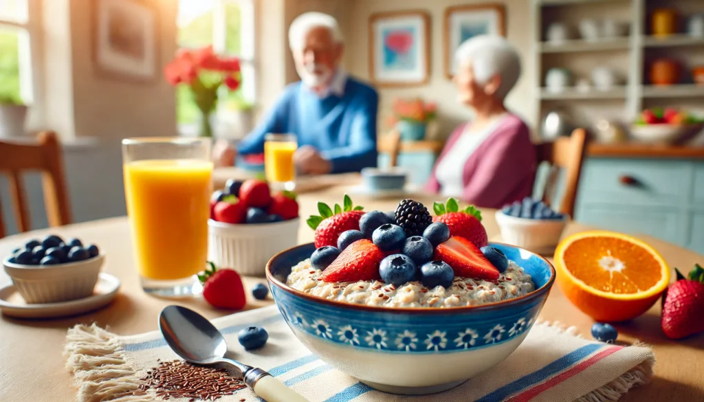 A breakfast table featuring oatmeal topped with fresh blueberries, strawberries, and flaxseeds, with orange juice, emphasizing a healthy start for seniors