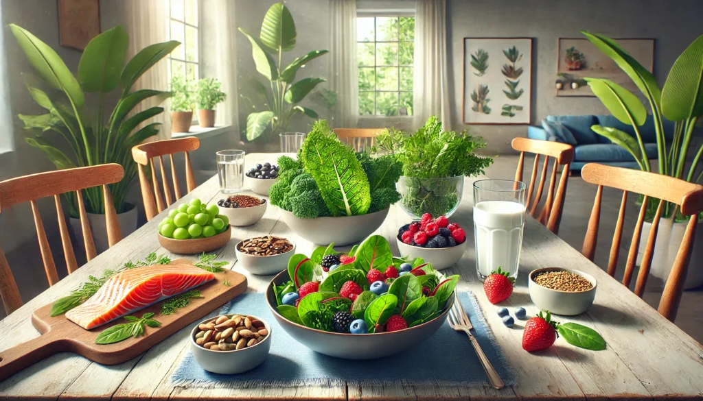 A dining table prepared with a mental health-friendly spread of kale and Swiss chard salad, a bowl of mixed berries, a grilled salmon fillet, nuts and seeds, and a glass of kefir. A cozy and modern dining room in the background completes the scene