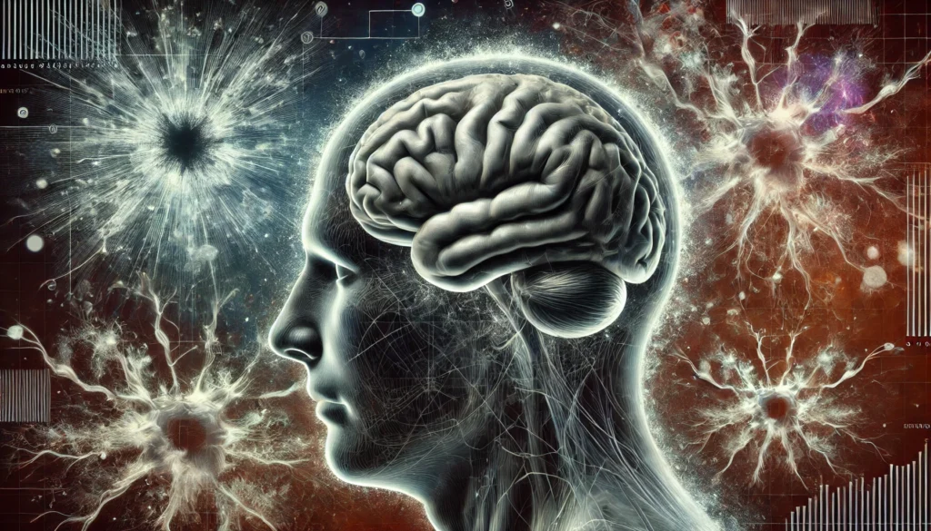 Conceptual illustration of how chronic stress affects brain function, featuring a deteriorating human brain with synaptic loss and a disrupted prefrontal cortex. The background includes abstract representations of anxiety, depression, and cognitive decline