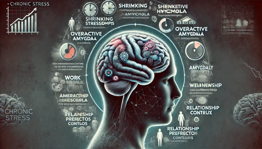 Conceptual illustration of the negative effects of chronic stress on the brain, showing stress-related damage including a shrinking hippocampus, an overactive amygdala, and a weakened prefrontal cortex. Abstract stressors like financial burdens, work pressure, and relationship conflicts fill the background