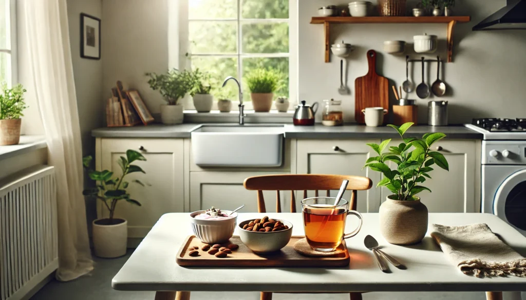 A clean and minimalist kitchen with natural light, featuring a small table set with a cup of herbal tea and a plate of healthy snacks, including almonds and yogurt. The setting is enhanced by greenery from a potted plant on the windowsill, promoting a calming and health-conscious atmosphere.