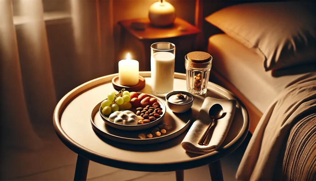 A cozy nighttime dining table featuring a plate with healthy snacks like yogurt, nuts, and fruits, illuminated by soft, warm lighting for a relaxing pre-bedtime atmosphere.