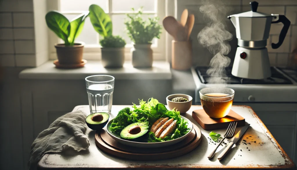 A minimalist kitchen counter featuring a plate of healthy food with leafy greens, grilled chicken, and avocado, alongside a glass of water and a steaming cup of herbal tea, illuminated by natural light.