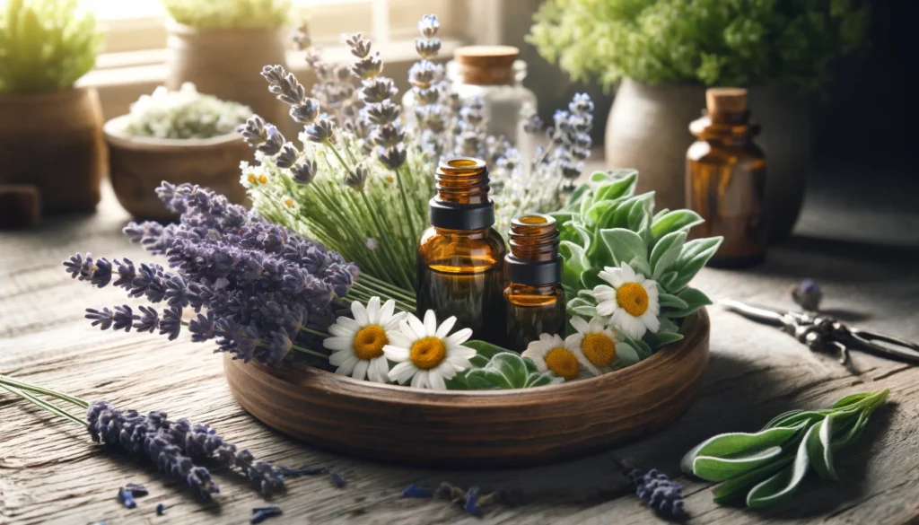 A close-up view of fresh lavender and chamomile herbs beautifully arranged in a rustic wooden tray, accompanied by small bottles of essential oils and herbal tinctures. The natural light enhances the calming and organic ambiance.