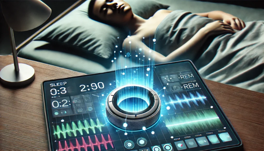 A futuristic sleep monitoring device tracking a person's sleep cycles, with a glowing digital interface displaying NREM and REM sleep stages for sleep quality analysis.