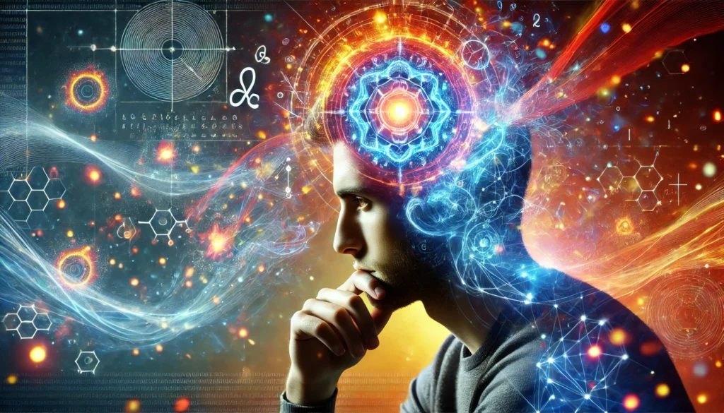 A person deep in thought, surrounded by abstract glowing symbols and patterns representing memory formation and visualization techniques