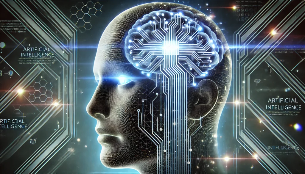 A futuristic representation of artificial intelligence assisting human memory, with digital circuits merging into a human brain, symbolizing AI-powered cognitive support